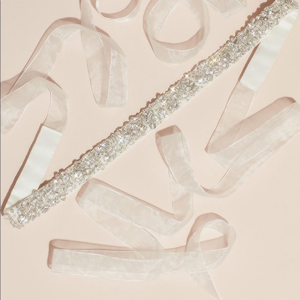 Scattered crystal rose sash with organza ties